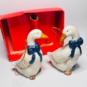 Vintage Porcelain Goose Ornaments (Set of 2) – Country Blue Bows – Original Box